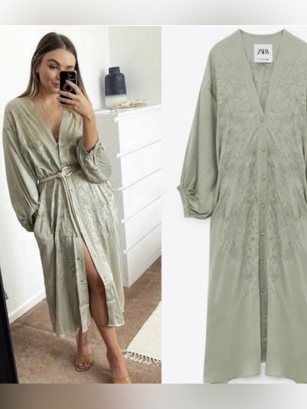 Zara Embroidered Kimono Dress Satin Sage Green